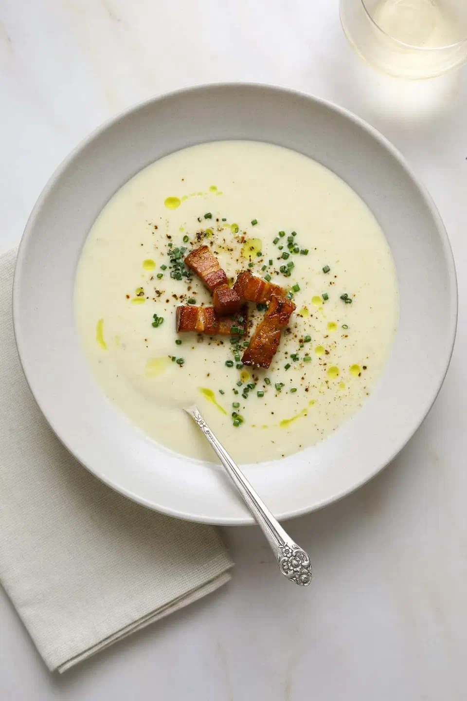 Cauliflower Leek Soup with Crispy Bacon
