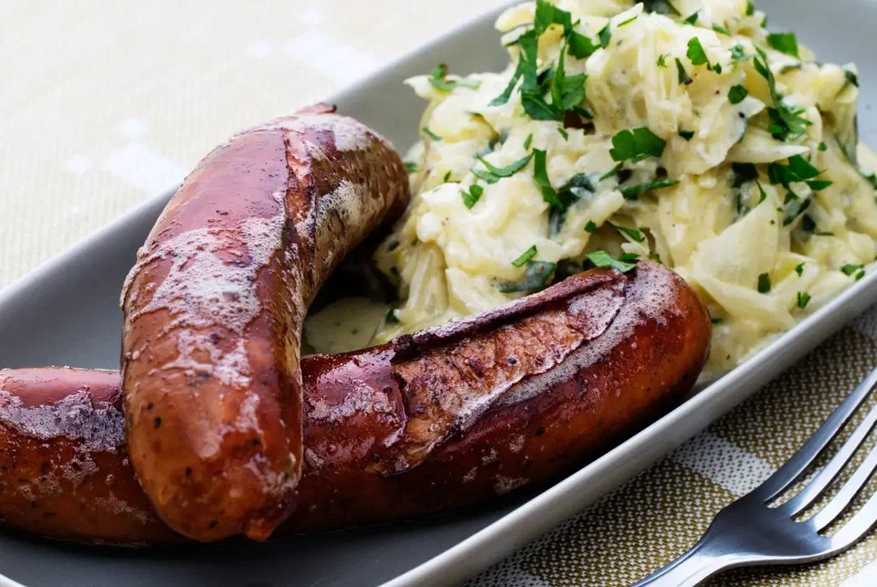 Pan-Fried Sausages with Creamed Green Cabbage