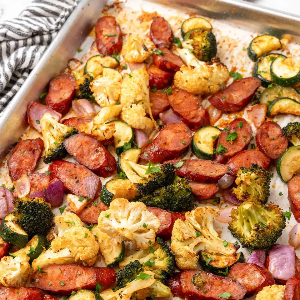 Sheet Pan Sausage with Roasted Broccoli, Cauliflower and Zucchini
