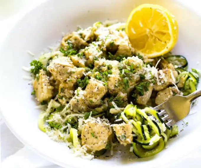 Zucchini Noodles with Creamy Pesto and Grilled Chicken